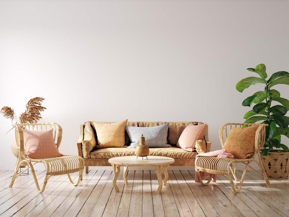 Cozy living room interior with wicker furniture, wall mockup